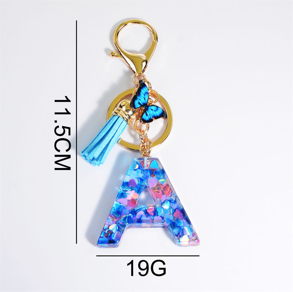 Fashion Heart Sequin Filled Resin Letter Keychain With Tassel Blue Butterfly Women Handbag Charms Initial Alphabet Keyrings