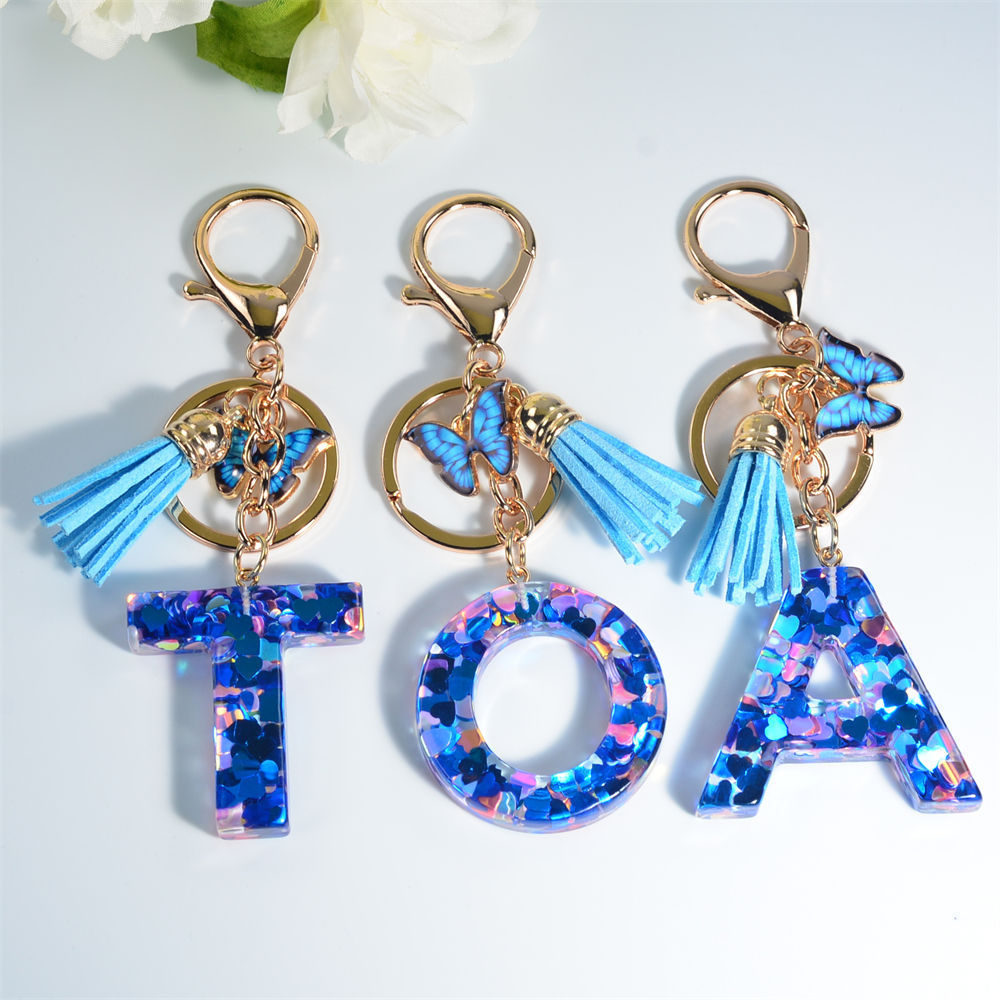 Fashion Heart Sequin Filled Resin Letter Keychain With Tassel Blue Butterfly Women Handbag Charms Initial Alphabet Keyrings