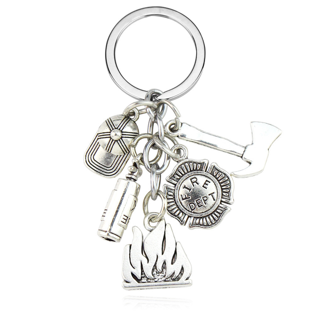 Fire Extinguisher and Flame Keychain Firemen Fire hero key ring Creative Firefighter Gift jewellery firefighter metal key chains