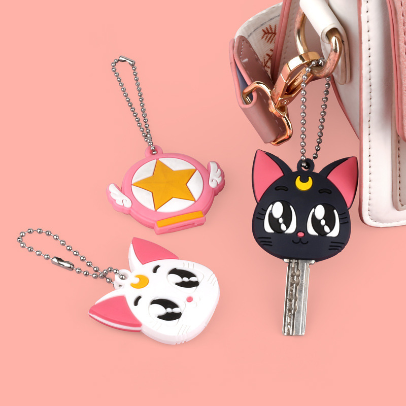 Cute Anime Sailor Moon Keychain Silicone Cat Dog Protective Key Case Cover for Key Control Dust Cap Holder Gift Women Key Chain