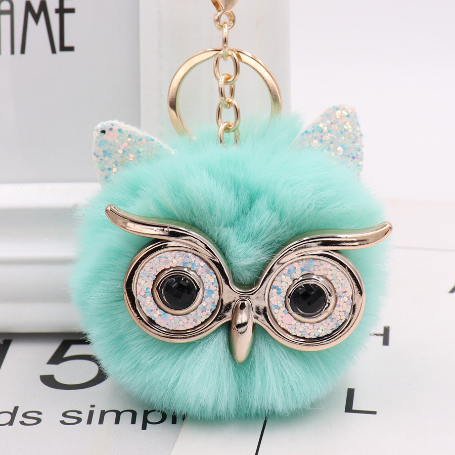 Owl Faux Fur Pom Pom fur ball Keychain bag Purse Holder Keyring Backpack Pendants Owl Faux Fur green PomPom Keychain