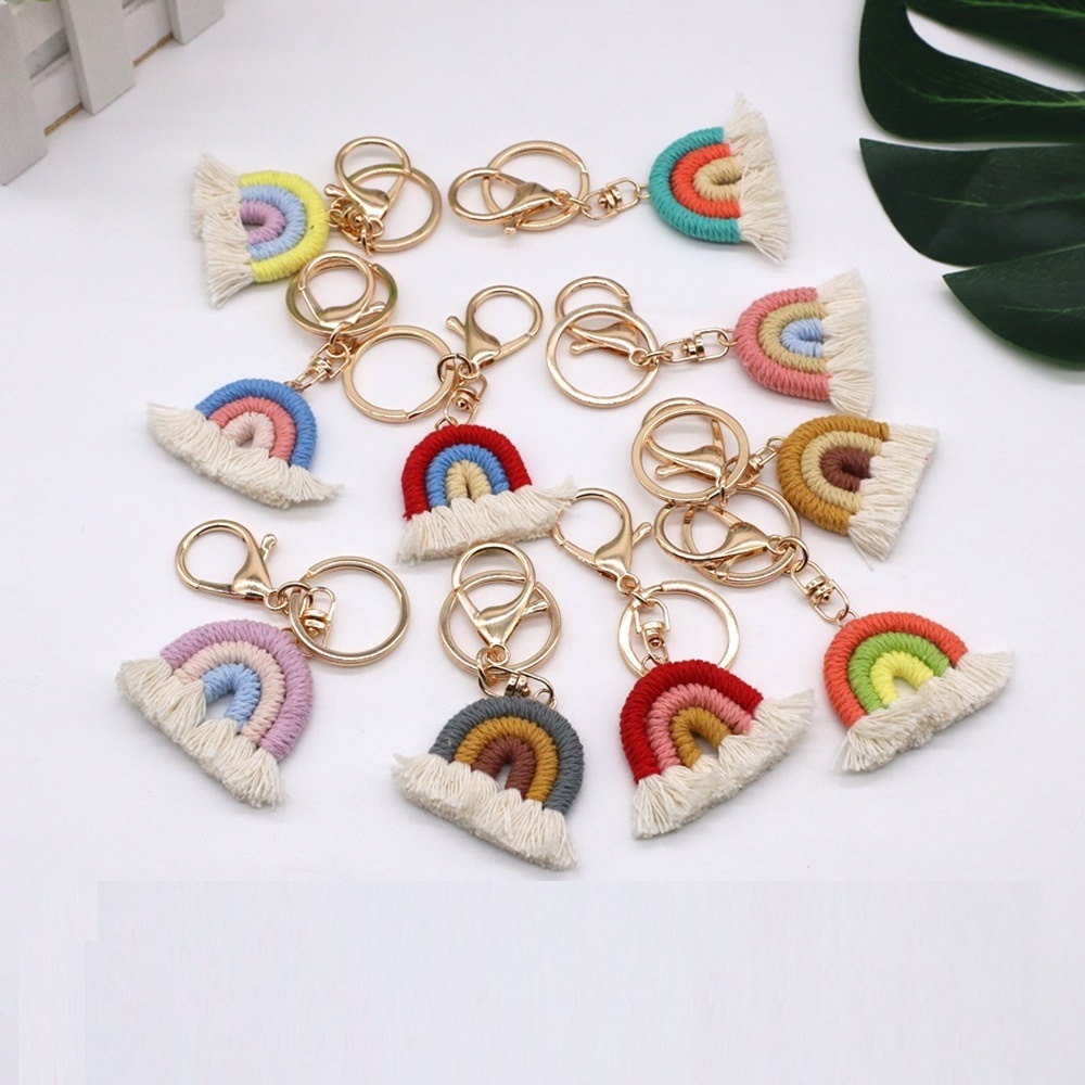 Boho Handmade Weaving Rainbow plush Key chain for Women key Holder macrame keyring rainbow keychain car Bag Charm girly keychain