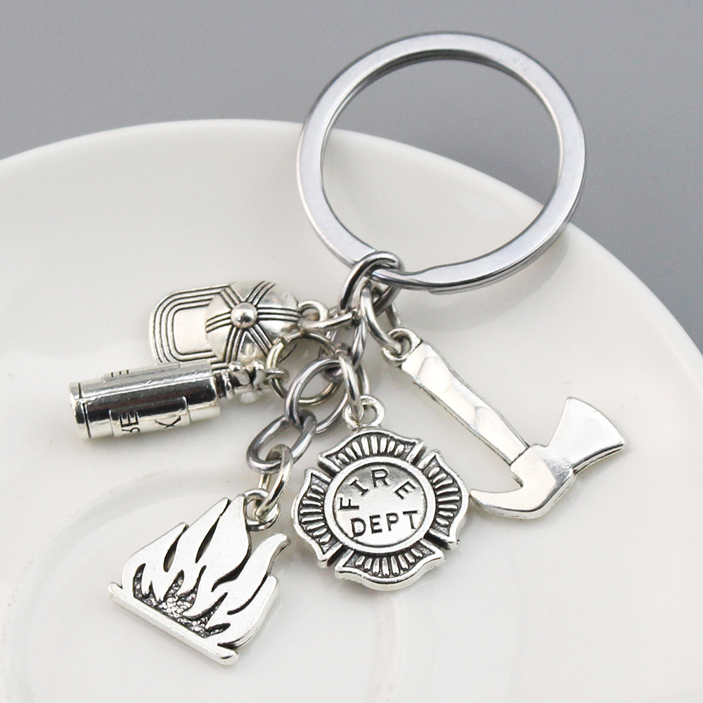 Fire Extinguisher and Flame Keychain Firemen Fire hero key ring Creative Firefighter Gift jewellery firefighter metal key chains