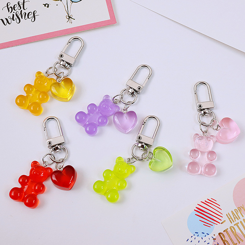 Wholesale Candy Color Gummy Bear Keychain For Women Cute Resin Bear Charm Kawaii Gummy heart Teddy Bear Keychain Fashion Jewelry