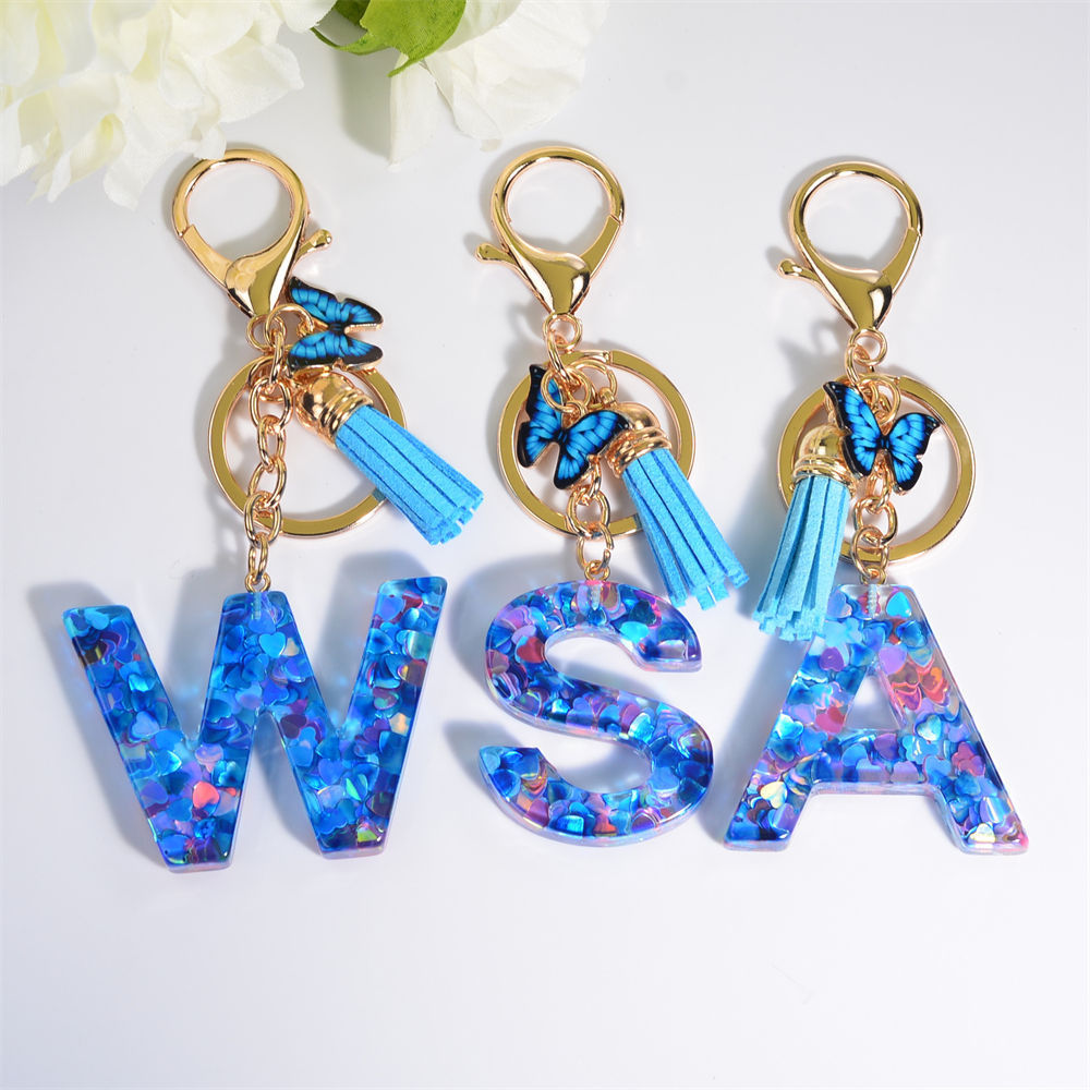 Fashion Heart Sequin Filled Resin Letter Keychain With Tassel Blue Butterfly Women Handbag Charms Initial Alphabet Keyrings