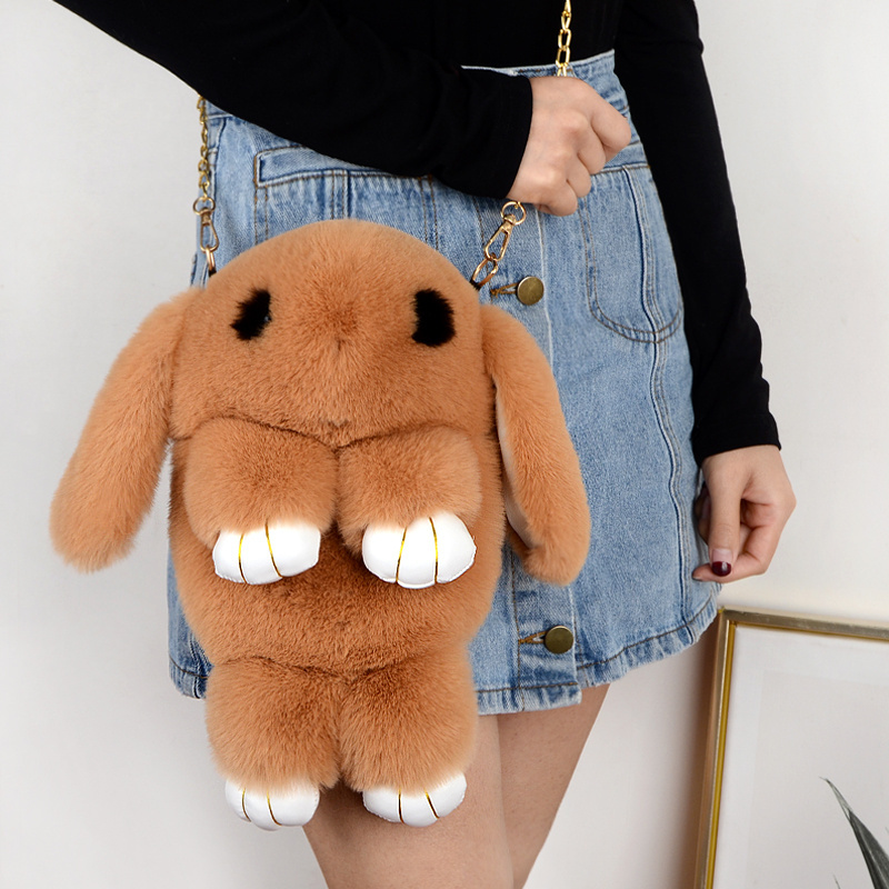 Cute Fluffy Rabbit Fur Pompoms Chain Bag Women Cartoon Rabbit Sling Bag Fluffy Kawaii Bunny Shoulder Plush Handbag Backpack Girl