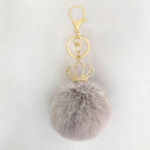 Pom Pom Keychain Artificial Fur Ball Plush Keychains Fluffy Accessories Car Bag Charm Faux Rabbit Fur Pompoms Keyring With crown