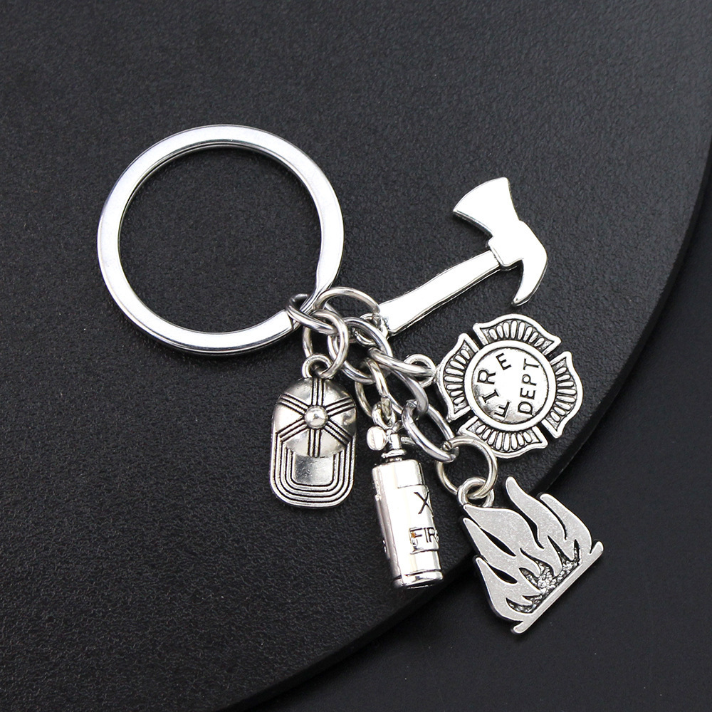 Fire Extinguisher and Flame Keychain Firemen Fire hero key ring Creative Firefighter Gift jewellery firefighter metal key chains