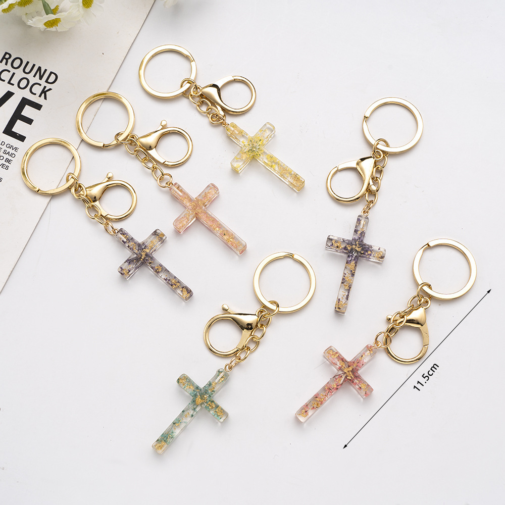 Dry Flower Filling Glitter Resin Jesus Christian Cross Keychain For Women Men Bag Car Pendant Key Chains Charms