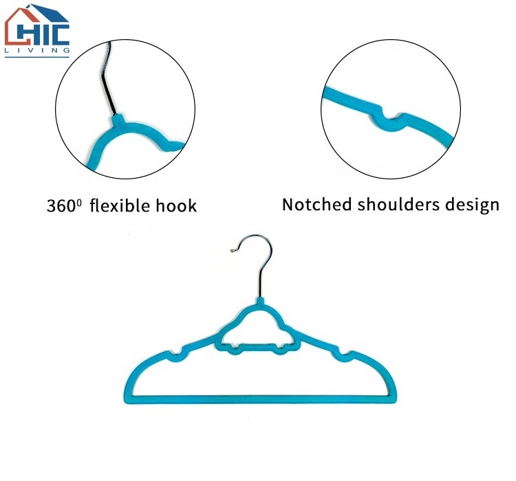 Chic Wholesale High Quality Velvet Kids Hangers Flocking Hanger with Notches & Car Design for Clothes