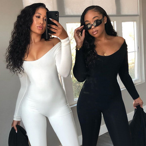 Lygens Solid Slash Neck Long Sleeve One Piece Women Bodycon Jumpsuit 2024 Summer Ladies Basic Elastic Fitness Clothes