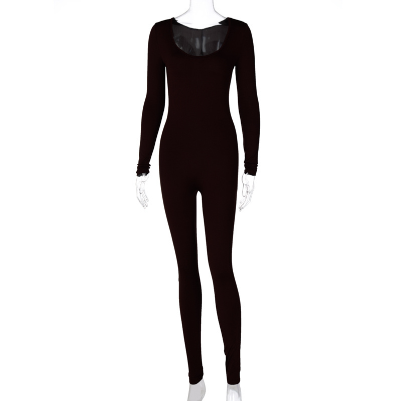 Lygens Solid Slash Neck Long Sleeve One Piece Women Bodycon Jumpsuit 2024 Summer Ladies Basic Elastic Fitness Clothes