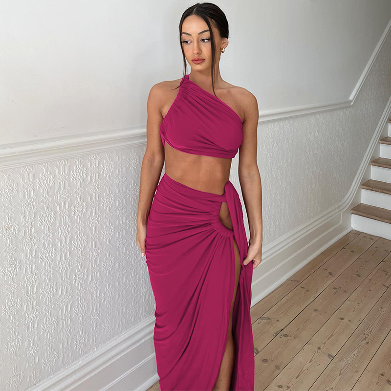 3894 One Shoulder Backless Ruched Tank Crop Top Midi Slit Hollow Out Hole Skirt Women'S Sets Elegant Evening Party Clothes