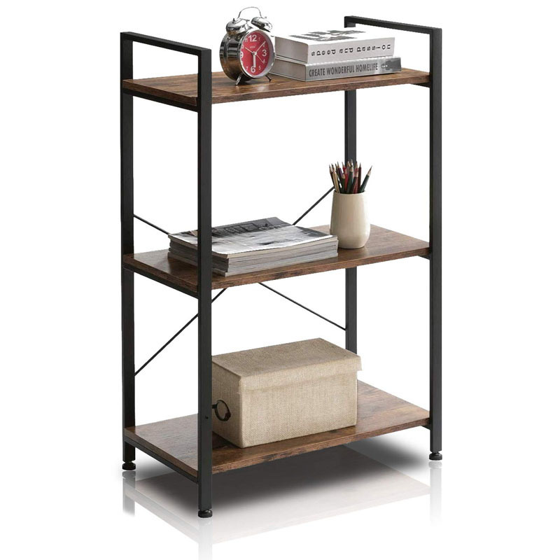 3 TiersLiving Room Furniture Bookcase Industrial Metal Frame Rack MDF Wooden Narrow Leaning Ladder Book Shelf Home Bookshelf