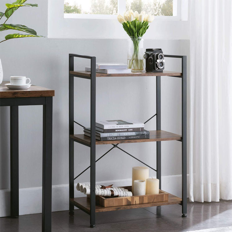 3 TiersLiving Room Furniture Bookcase Industrial Metal Frame Rack MDF Wooden Narrow Leaning Ladder Book Shelf Home Bookshelf