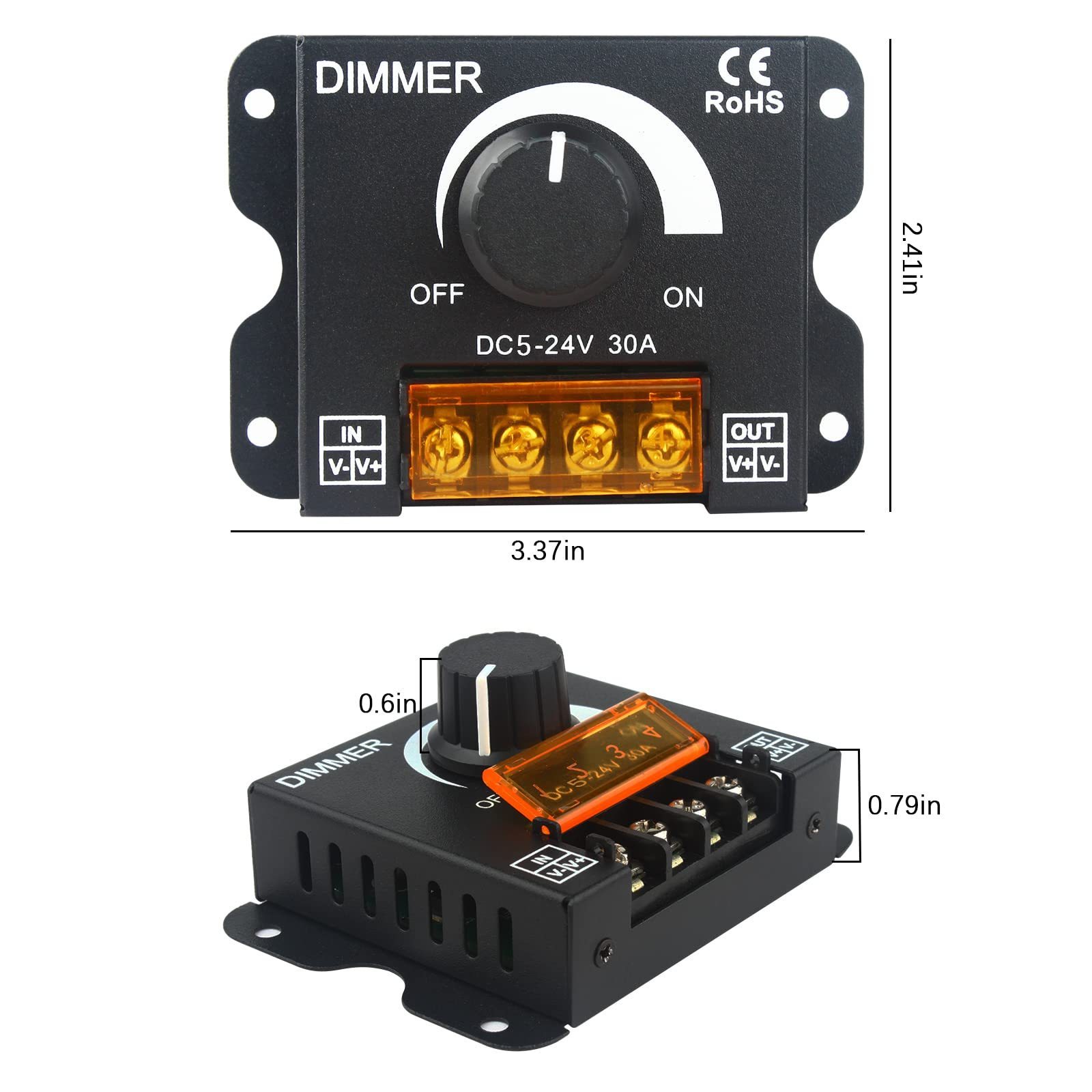 DC 5V-24V 30A PWM dimmer with knob to adjust brightness switch, metal shell LED light with dimmer(Single Color)