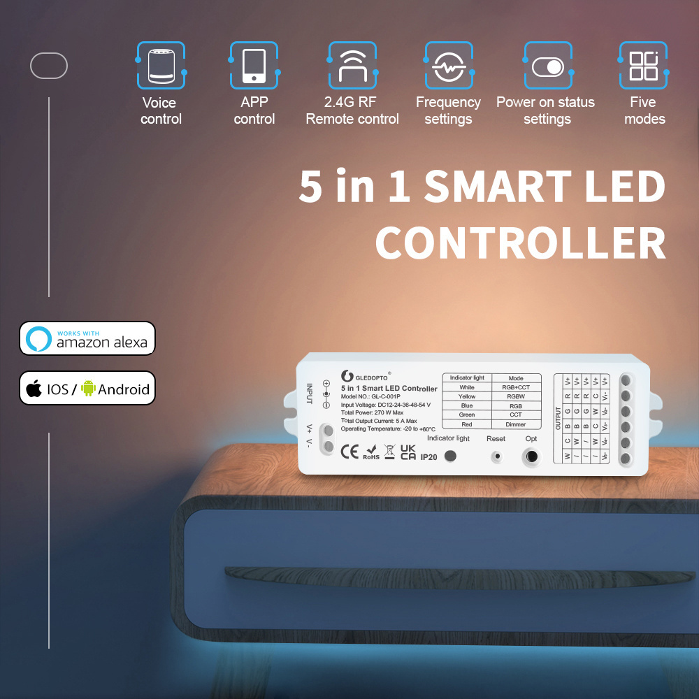 GL-C-001P GLEDOPTO Tuya Smart Life APP 6 Channels Zigbee 5 in 1 LED Controller Working with Alexa, RF 2.4G Remote Control