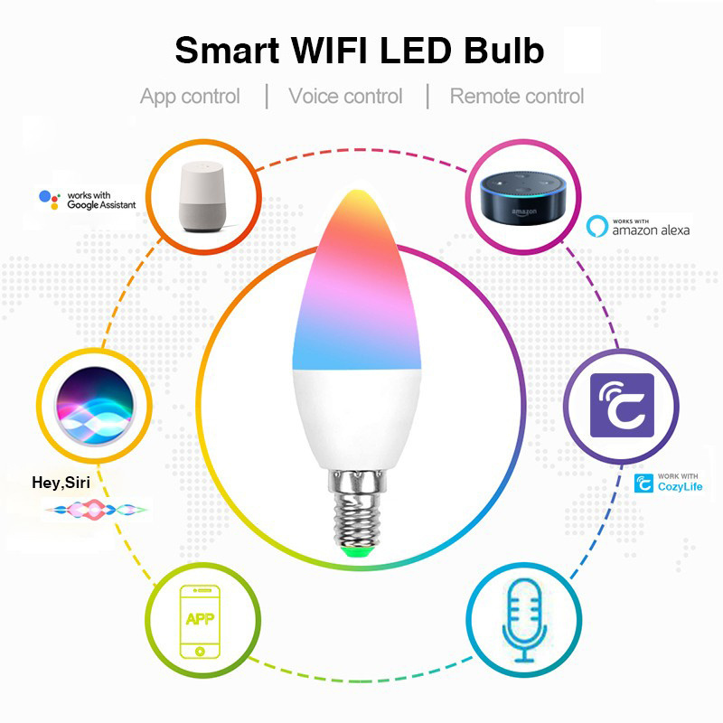 Works with Apple Homekit Google Alexa Smart wifi APP control RGB+2700-6500K Changing e14 led candle light bulb