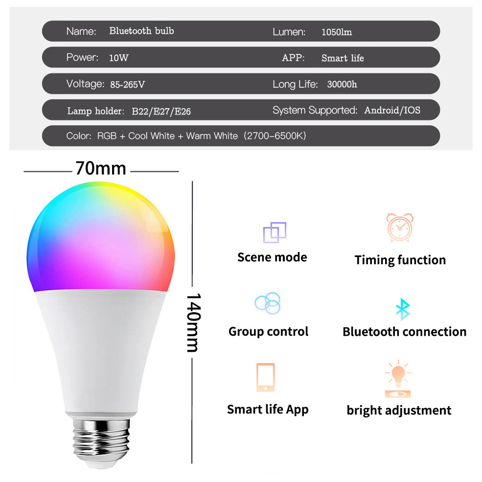 Wholesales Beacon Tuya Smart A60 A19 LED Bulb 9W APP Control Dimmable RGB CCT Multicolor E27 B22 LED Light Bulbs