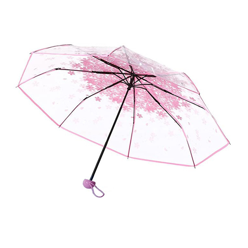 Manual Women's Transparent Clear Flowers Umbrella Anti-UV Sun Umbrella Cherry Blossom 3 Folding Umbrellas Rain Gear Parasol