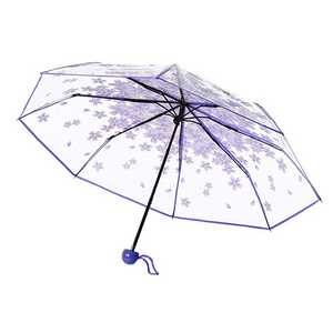 Manual Women's Transparent Clear Flowers Umbrella Anti-UV Sun Umbrella Cherry Blossom 3 Folding Umbrellas Rain Gear Parasol