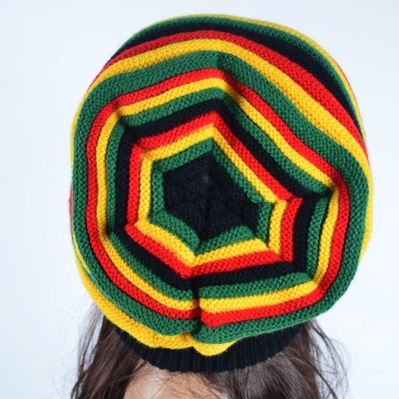 Rainbow Color Acrylic Striped Crochet Reggae Jamaica Knitted Rasta Slouchy Beanie Hat