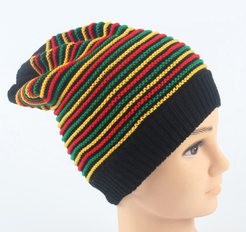 Rainbow Color Acrylic Striped Crochet Reggae Jamaica Knitted Rasta Slouchy Beanie Hat