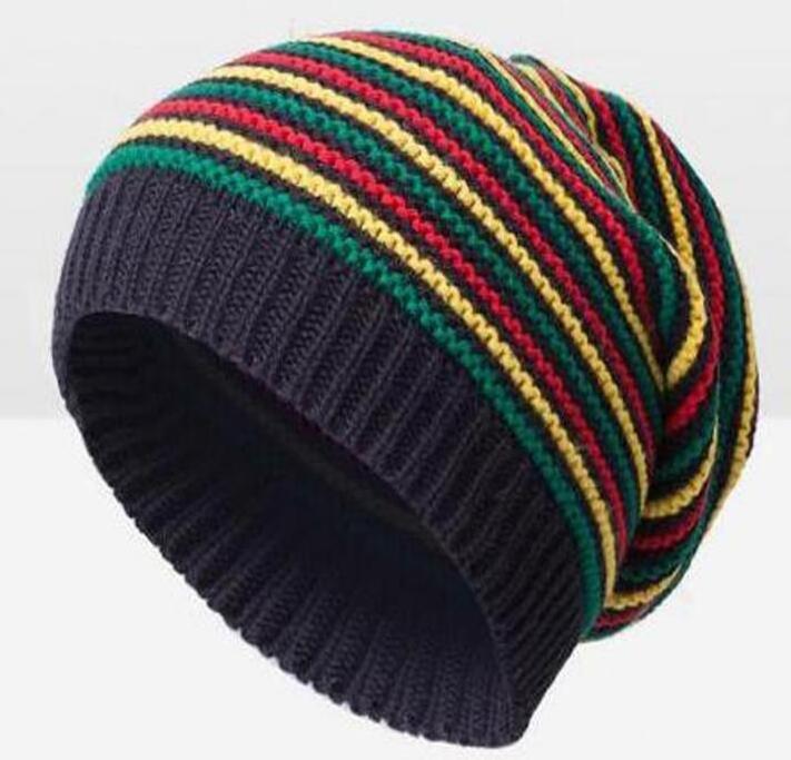 Rainbow Color Acrylic Striped Crochet Reggae Jamaica Knitted Rasta Slouchy Beanie Hat