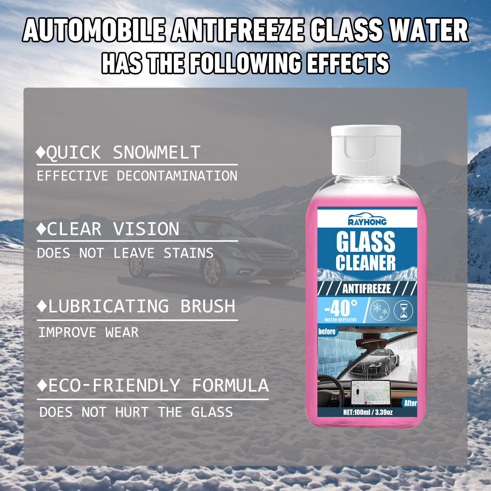 Rayhong 100ml automatic glass cleaner automobile -40 celsius degree anti freeze waterproof window glass water for car