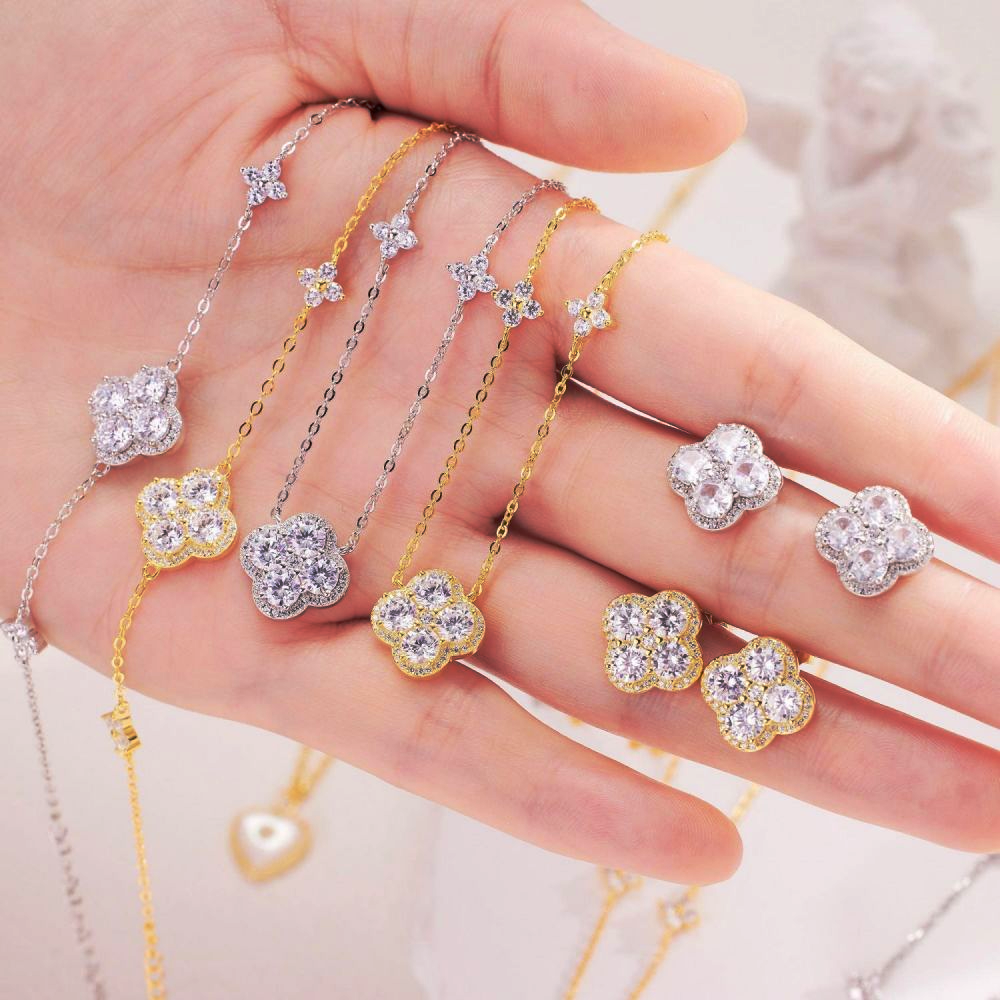 VANA New Arrival Brand 4 Four Leaf Clover 925 Sterling Silver Bracelet Necklace Rings 18K Gold Plated Fashion Jewelry Set