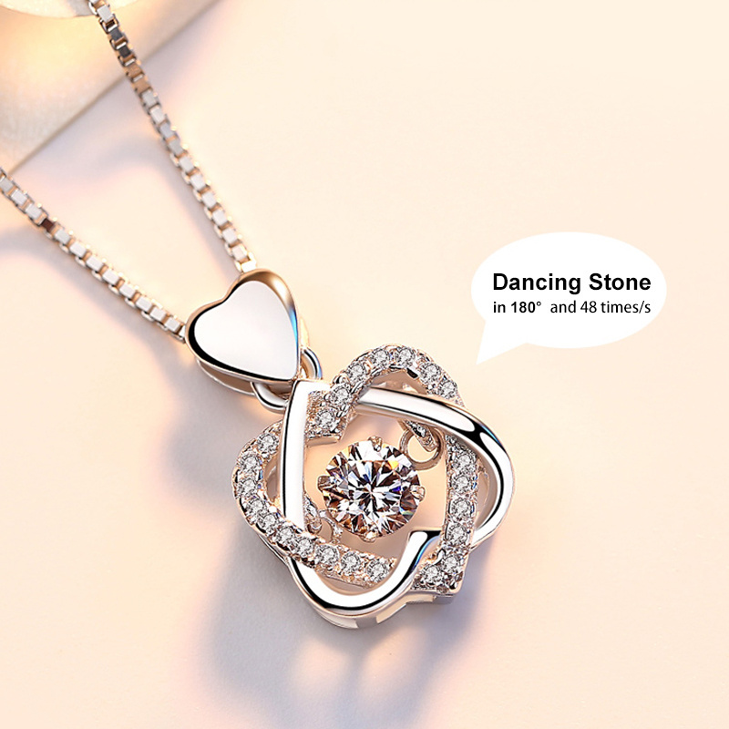 VANA Jewellery Female 925 Sterling Silver Dancing CZ Double Beating Heart Shaped Pendant Gold Plated Necklace Jewelry