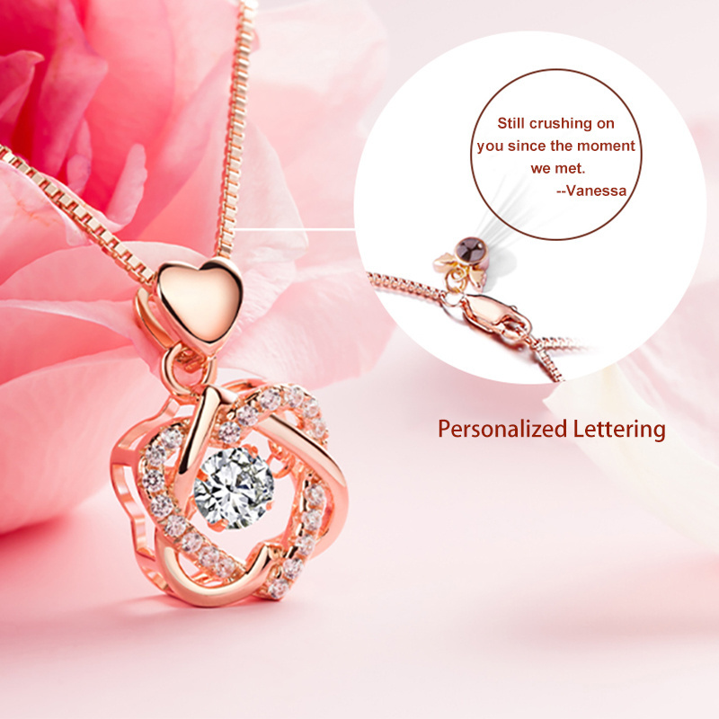 VANA Jewellery Female 925 Sterling Silver Dancing CZ Double Beating Heart Shaped Pendant Gold Plated Necklace Jewelry