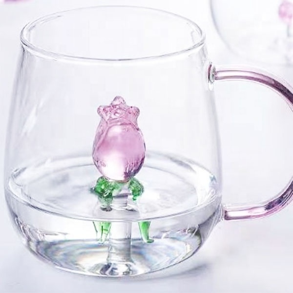 Creative Glass Water Cups with 3D Rose Flower Drinking Glass Mugs