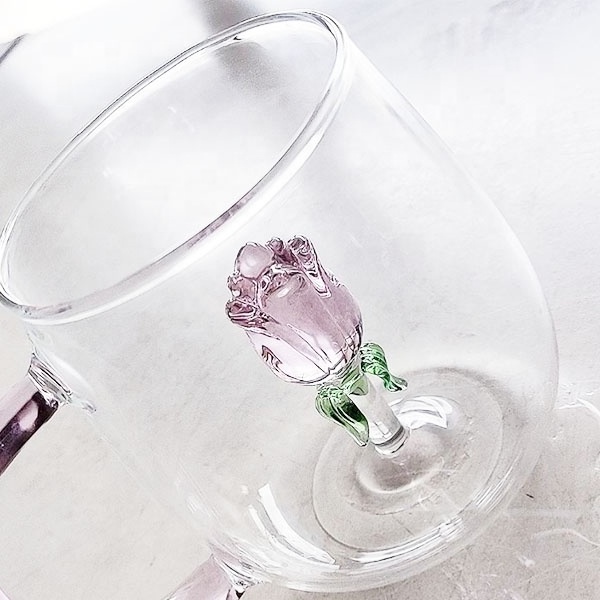 Creative Glass Water Cups with 3D Rose Flower Drinking Glass Mugs