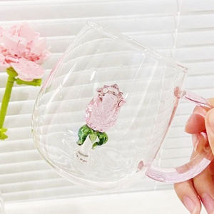 Creative Glass Water Cups with 3D Rose Flower Drinking Glass Mugs