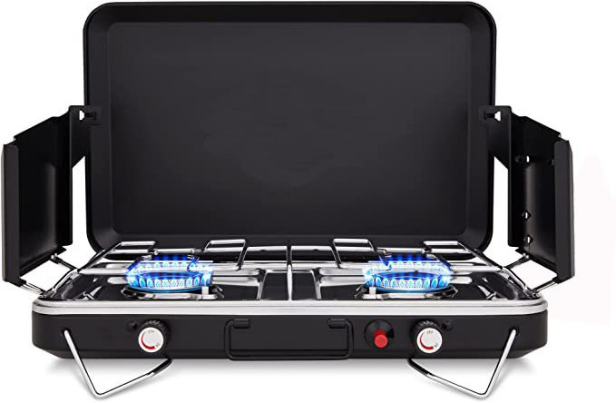 Portable 2-Burner Gas Stove for Camping Cooking Travel Durable Steel and Iron Construction Works with Propane and Butane