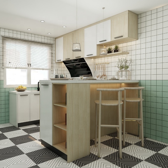 Woodgrain laminate kitchen cabinet with breakfast table