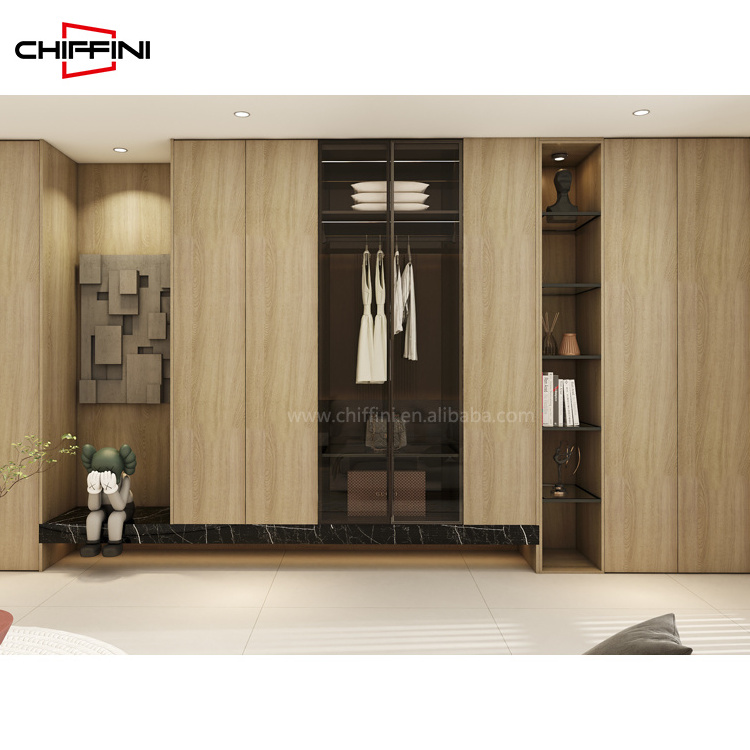 Wood Melamine Glass Door With Led Lights Bedroom Luxury L Shape Walk In Closet System wardrobe