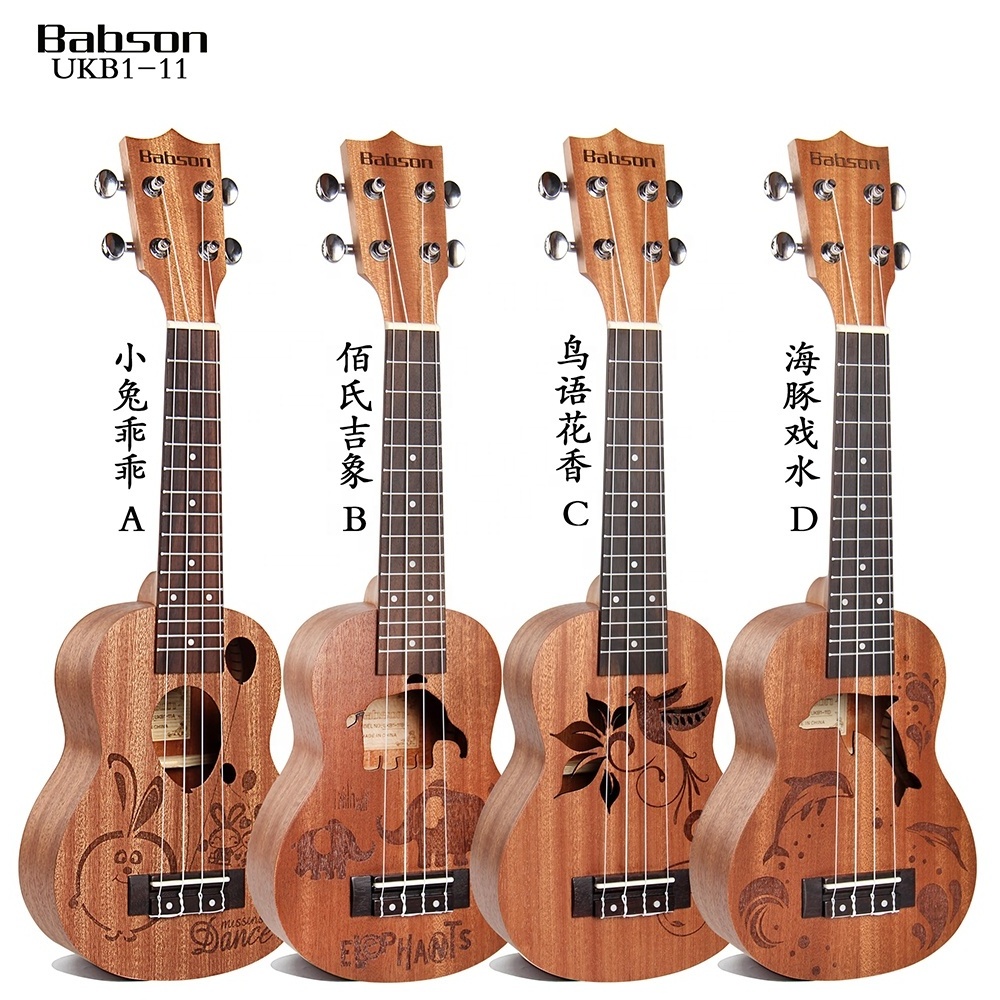 Wholesale Cheap Price Pattern Engraving Sapele Body Nylon Strings 21Inch Soprano Ukulele acoustic classical electric bass guitar