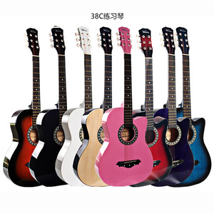 China OEM factory 38" black blue white cutaway basswood linden cheap beginner mini toy acoustic guitar with high gloss finished