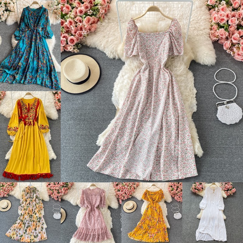 Summer 2024 new ruffled line collar print high waist slimming super fairy big swing women dress wholesale