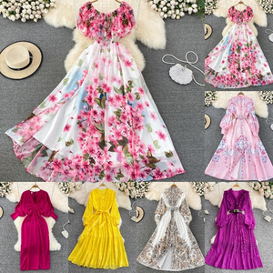 Summer 2024 new ruffled line collar print high waist slimming super fairy big swing women dress wholesale