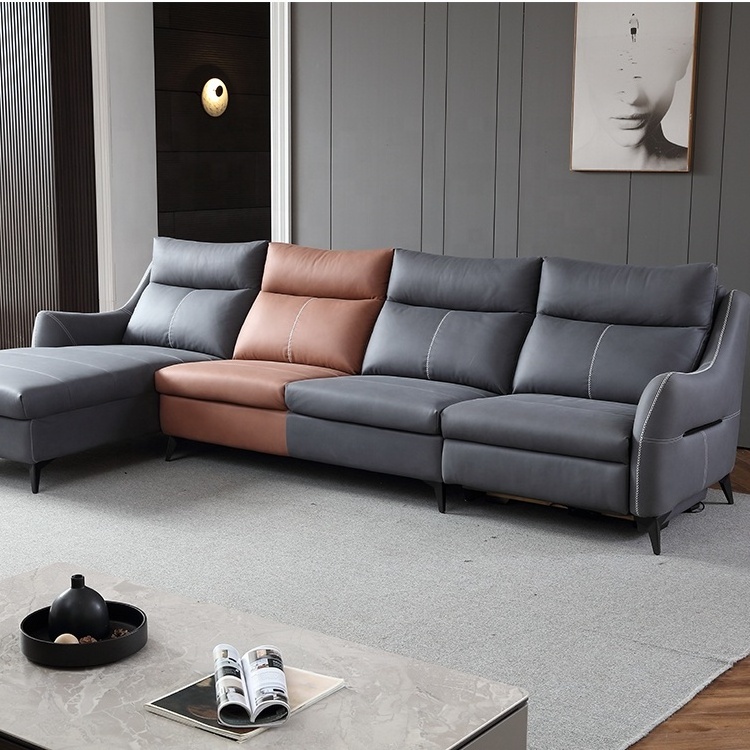 Korean style sectional fabric luxury L shape corner recliner air leather sofa set with USB charger for living room furniture