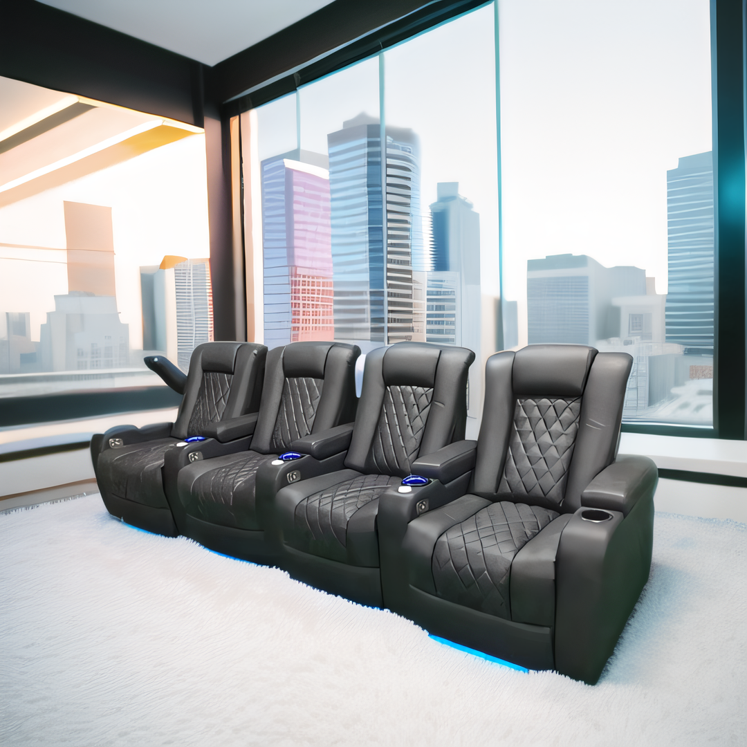 black nappa leather sofa modern home cinema seating with bed and USB charge port popular theater furniture