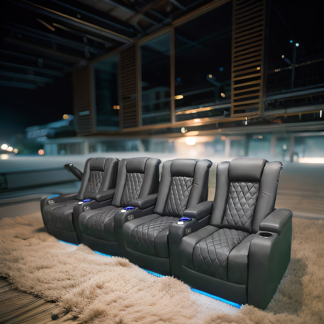 black nappa leather sofa modern home cinema seating with bed and USB charge port popular theater furniture