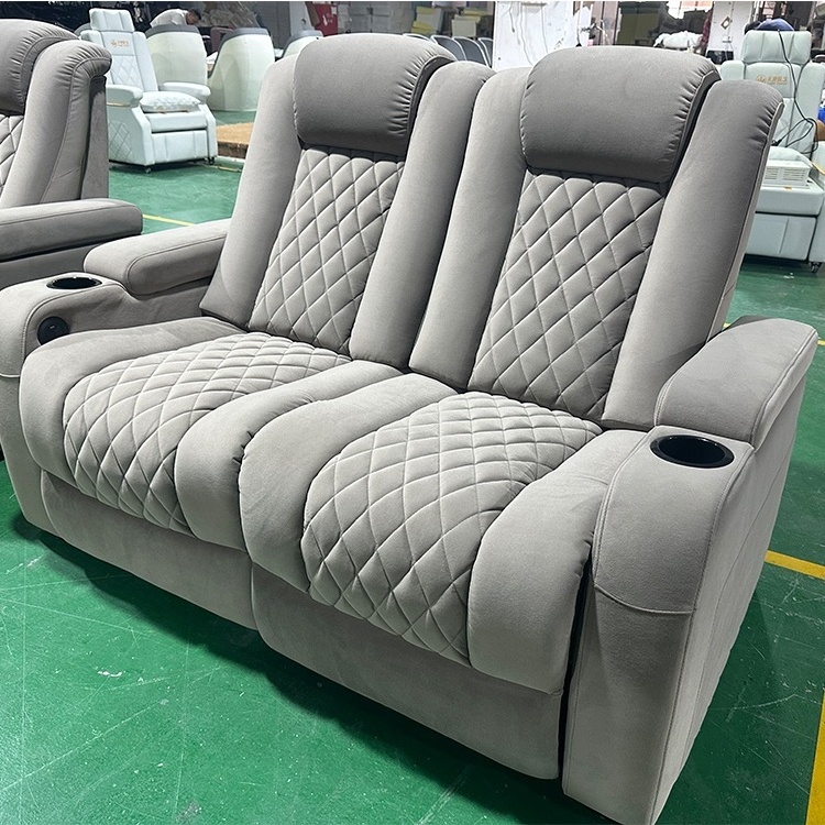 Popular comfortable gray recliner theater seating home use theater automatic theater chairs velvet fabric 3  seater sofas