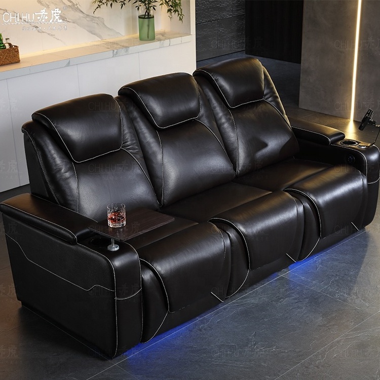 Popular comfortable gray recliner theater seating home use theater automatic theater chairs real leather 2 seater sofas for sale