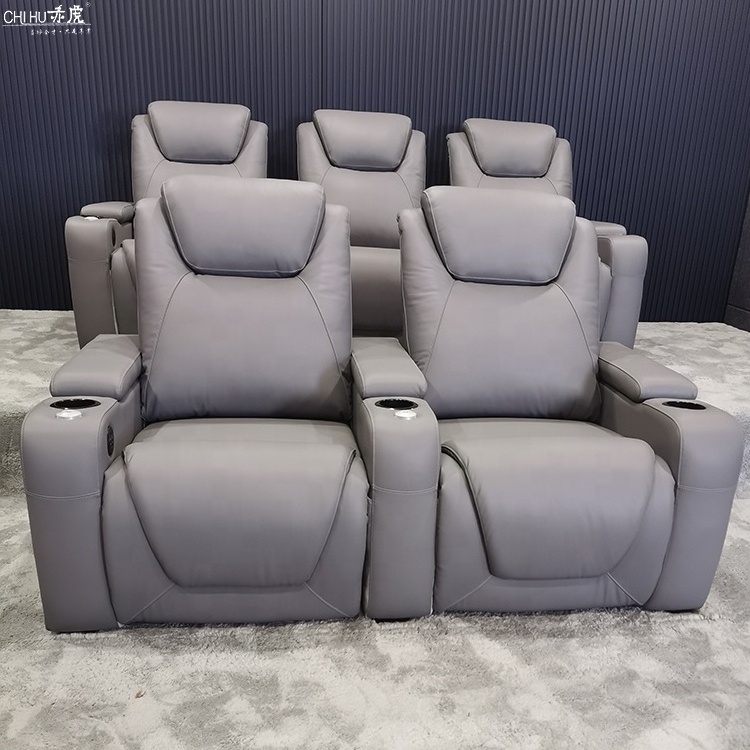 Popular comfortable gray recliner theater seating home use theater automatic theater chairs real leather 2 seater sofas for sale