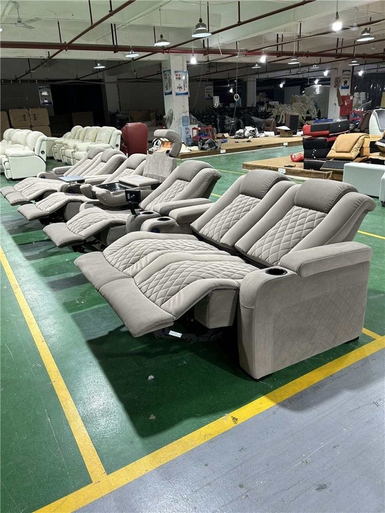 Popular comfortable gray recliner theater seating home use theater automatic theater chairs velvet fabric 3  seater sofas