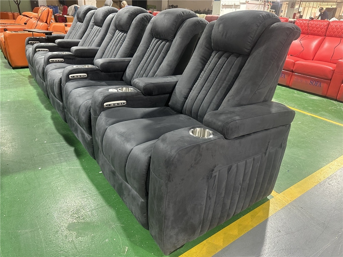 Popular comfortable gray recliner theater seating home use theater automatic theater chairs velvet fabric 3  seater sofas